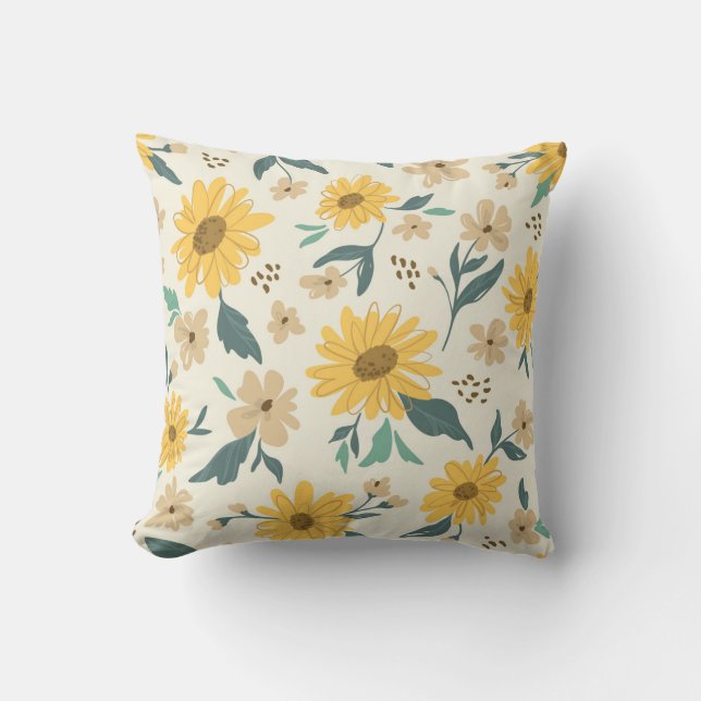 Sunflower seamless pattern. Yellow daisy on off wh Throw Pillow (Front)