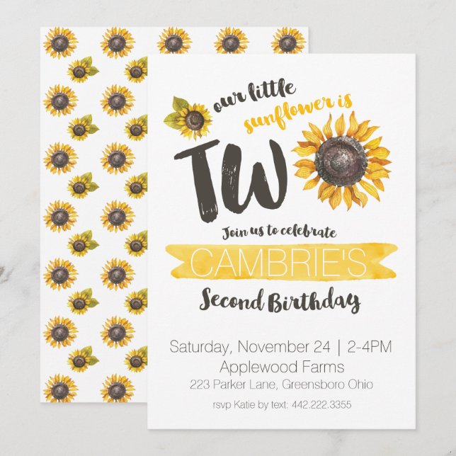 Sunflower Second Birthday Invitation (Front/Back)