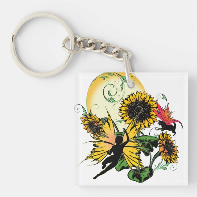 Sunflower Shadow Fairy and Cosmic Cat Keychain (Front)