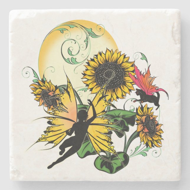 Sunflower Shadow Fairy and Cosmic Cat Stone Coaster (Front)