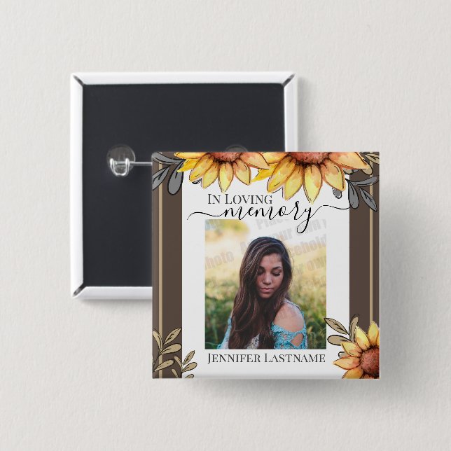 Sunflower Simple Photo Funeral Keepsake 2 Inch Square Button (Front & Back)