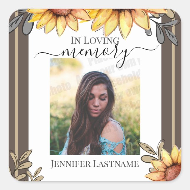 Sunflower Simple Photo Funeral Keepsake  Square Sticker (Front)