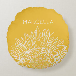 Sunflower Sketch Modern Custom Name Round Pillow