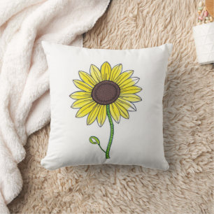 Sunflower Sketch On White Throw Pillow