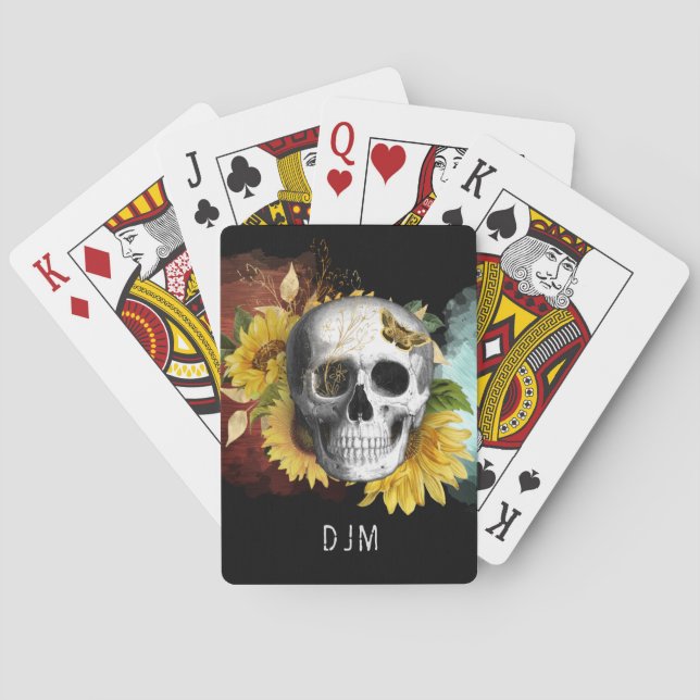 Sunflower Skull Monogram Playing Cards (Back)