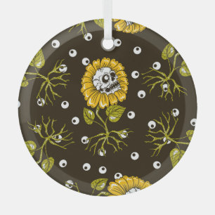 Sunflower Skulls: Unique Seamless Pattern. Glass Ornament