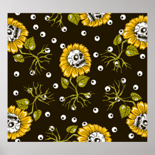 Sunflower Skulls: Unique Seamless Pattern. Poster