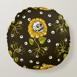 Sunflower Skulls: Unique Seamless Pattern. Round Pillow