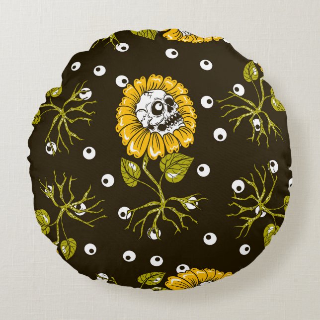 Sunflower Skulls: Unique Seamless Pattern. Round Pillow (Front)
