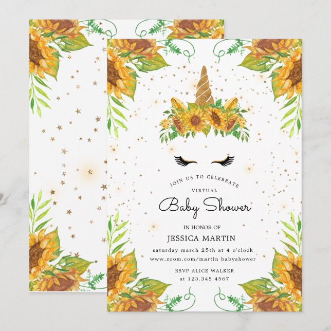 sunflower sleepy unicorn virtual baby shower invitation (Front/Back)