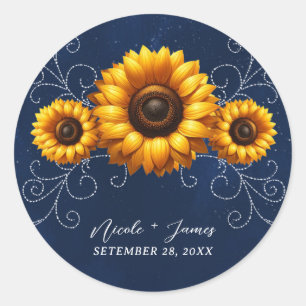 Sunflower Sparkle Blue Rustic Glam Bridal Shower Classic Round Sticker