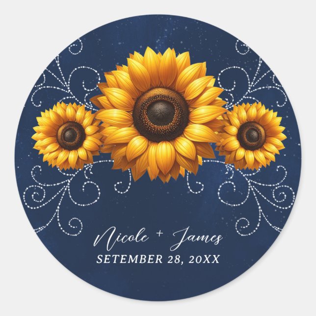 Sunflower Sparkle Blue Rustic Glam Bridal Shower Classic Round Sticker (Front)
