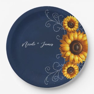 Sunflower Sparkle Blue Rustic Glam Bridal Shower Paper Plate