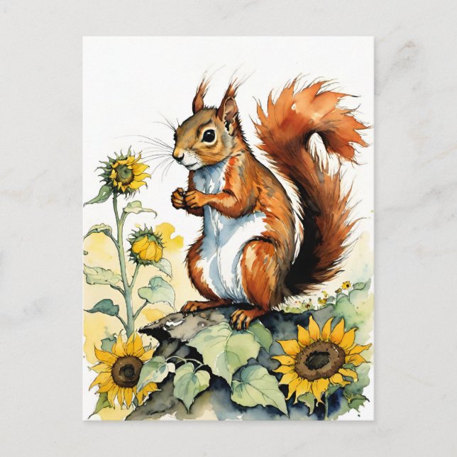 Sunflower Squirrel Watercolor Sunflowers           Postcard (Front)
