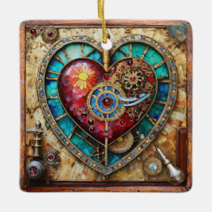 Sunflower Stained Glass Heart Steampunk Series Ceramic Ornament