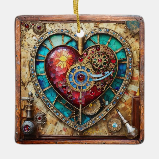 Sunflower Stained Glass Heart Steampunk Series Ceramic Ornament (Front)