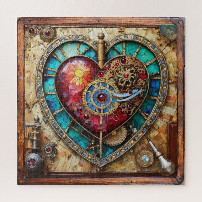 Sunflower Stained Glass Heart Steampunk Series Jigsaw Puzzle (Vertical)