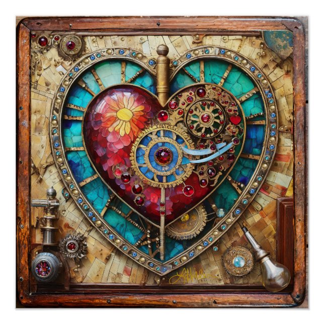 Sunflower Stained Glass Heart Steampunk Series Poster (Front)