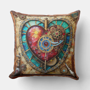 Sunflower Stained Glass Heart Steampunk Series Throw Pillow