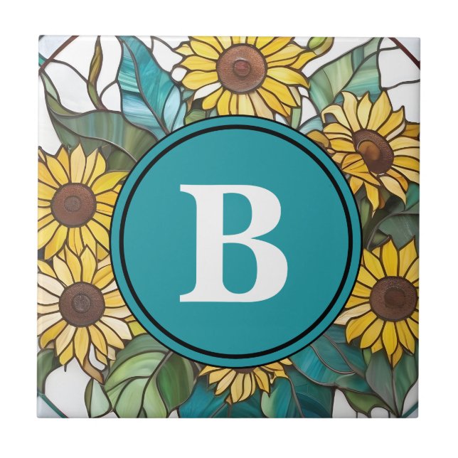 Sunflower Stained Glass Monogram Sunflowers Tile (Front)
