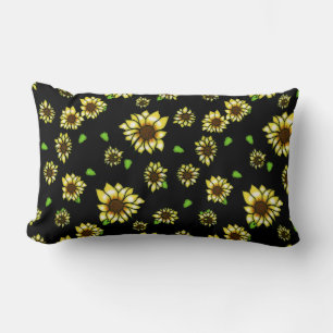 Sunflower Stained Glass on Black Lumbar Pillow