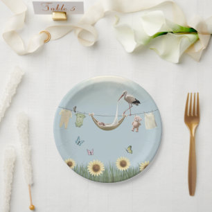 Sunflower Stork Neutral Round Paper Plate