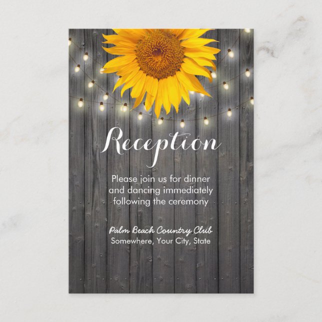 Sunflower & String Lights Barn Wood Reception Enclosure Card (Front)