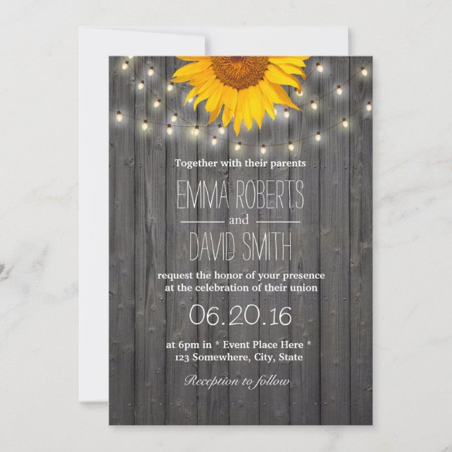 Sunflower & String Lights Barn Wood Wedding Invitation (Front)