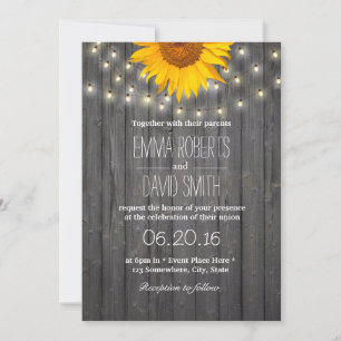 Sunflower & String Lights Barn Wood Wedding Invitation
