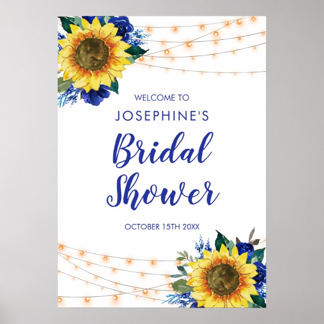 Sunflower String Lights Blue Floral Bridal Shower Poster (Front)