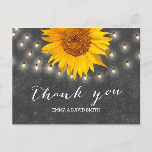 Sunflower & String Lights Chalkboard Thank You Postcard (Front)