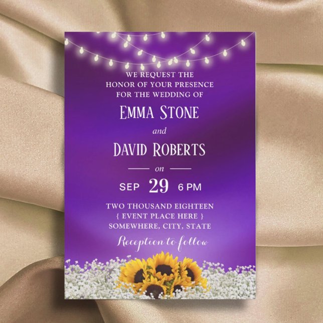 Sunflower & String Lights Elegant Purple Wedding Invitation (Creator Uploaded)