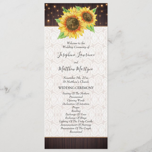 Sunflower String Lights Lace Rustic Wedding Program (Front)