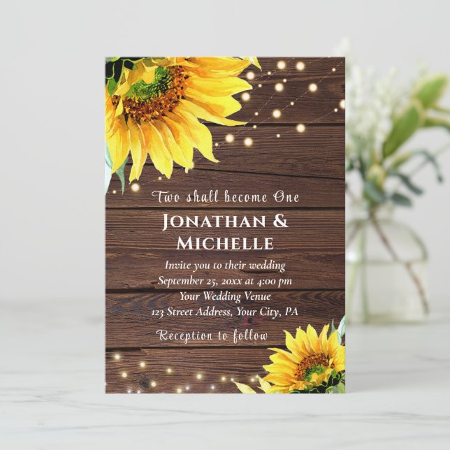 Sunflower String Lights on Wood Christian Wedding Invitation (Standing Front)