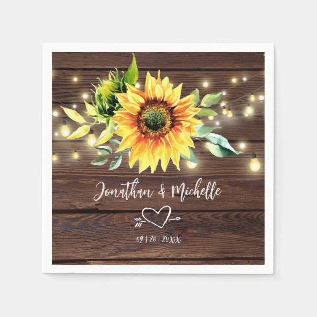 Sunflower String Lights Rustic Dark Wood Wedding Napkin (Front)