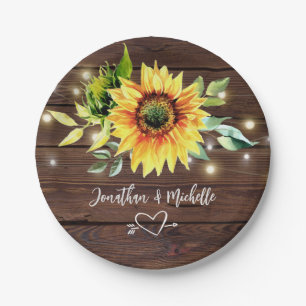 Sunflower String Lights Rustic Dark Wood Wedding Paper Plate