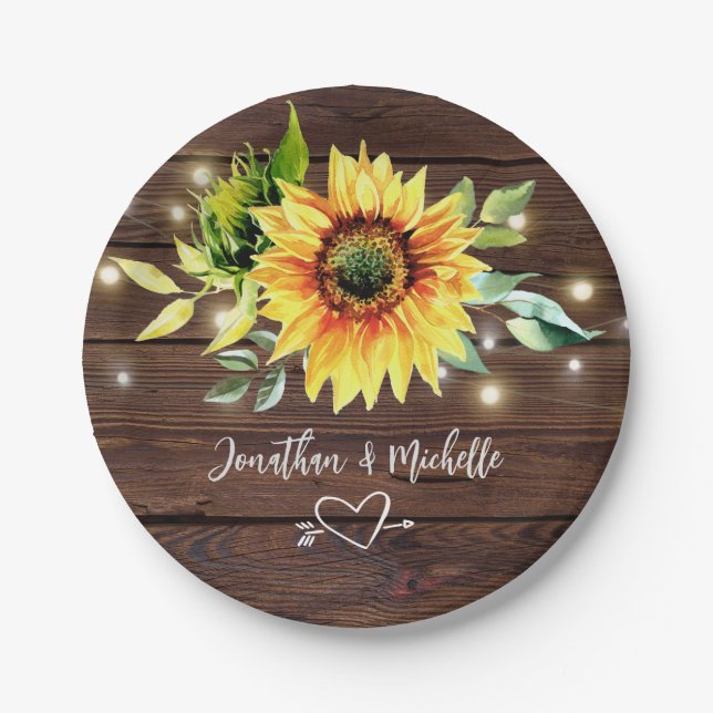 Sunflower String Lights Rustic Dark Wood Wedding Paper Plate (Front)