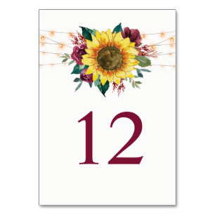 Sunflower String Lights Rustic Floral Wedding Table Number
