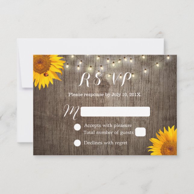 Sunflower & String Lights Rustic Wedding RSVP Card (Front)