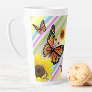 Sunflower Stripe Latte Mug Butterfly Bumblebee 