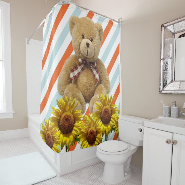Sunflower Stripe Teddy Bear Shower Curtain (In Situ)