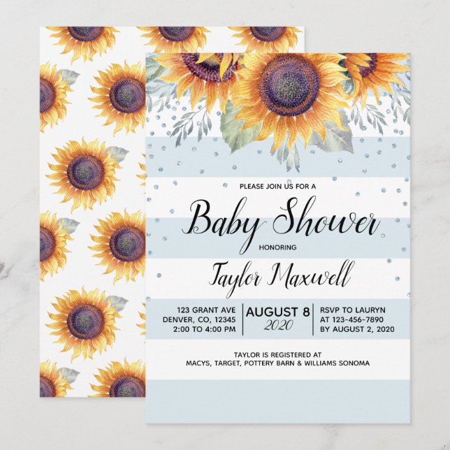 Sunflower stripes confetti rustic fall baby shower invitation (Front/Back)