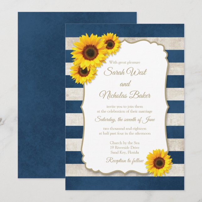 Sunflower Stripes Rustic Navy Blue Wedding Invitation (Front/Back)