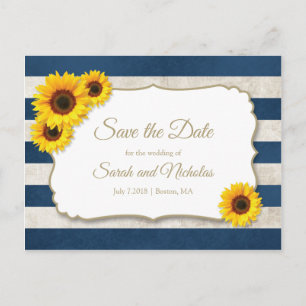 Sunflower Stripes Save the Date, Navy Blue Wedding Announcement Postcard