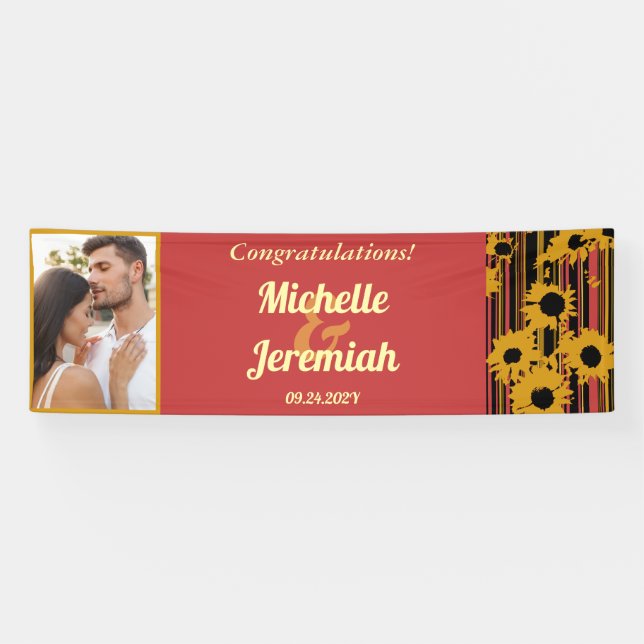 Sunflower Summer Gold Red Wedding Congratulations  Banner (Horizontal)