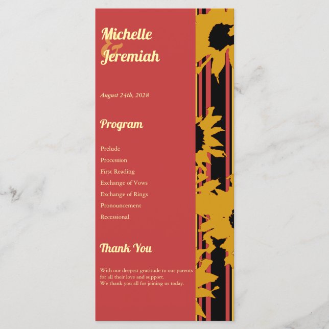 Sunflower Summer Gold Red Wedding  Program (Front)