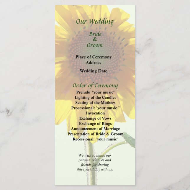 Sunflower Sunbathing Wedding Program (Front)