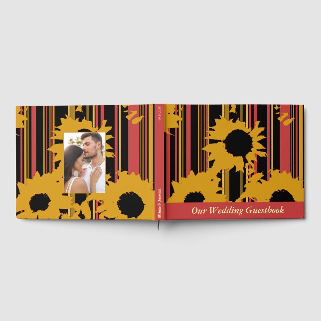 Sunflower Sunset Coral Gold Modern Wedding Guest Book (Full)