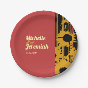 Sunflower Sunset Coral Gold Modern Wedding Paper Plate