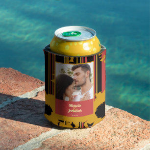 Sunflower Sunset Coral Gold Modern Wedding Photo Can Cooler